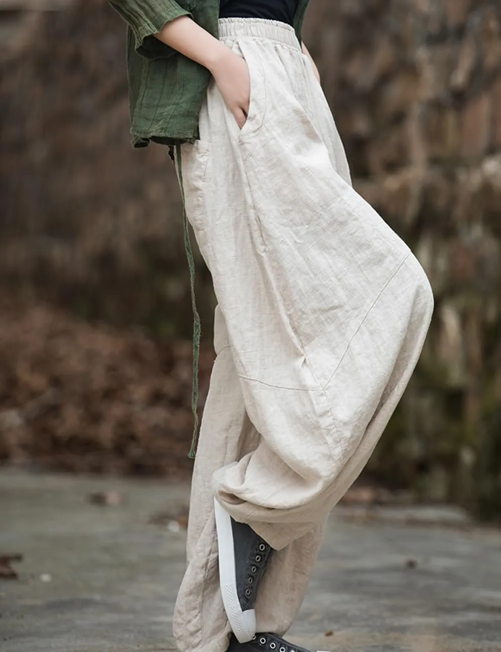 LUZU JUNU Women's Vintage Cotton Linen Baggy Pants Elastic Waist Wide Leg Lantern Casual Trousers Loose Fit