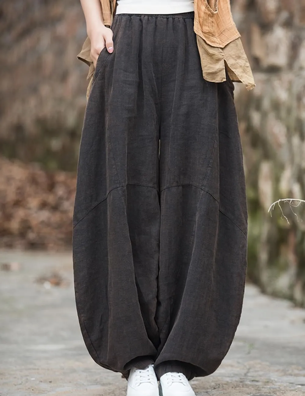 LUZU JUNU Women's Vintage Cotton Linen Baggy Pants Elastic Waist Wide Leg Lantern Casual Trousers Loose Fit