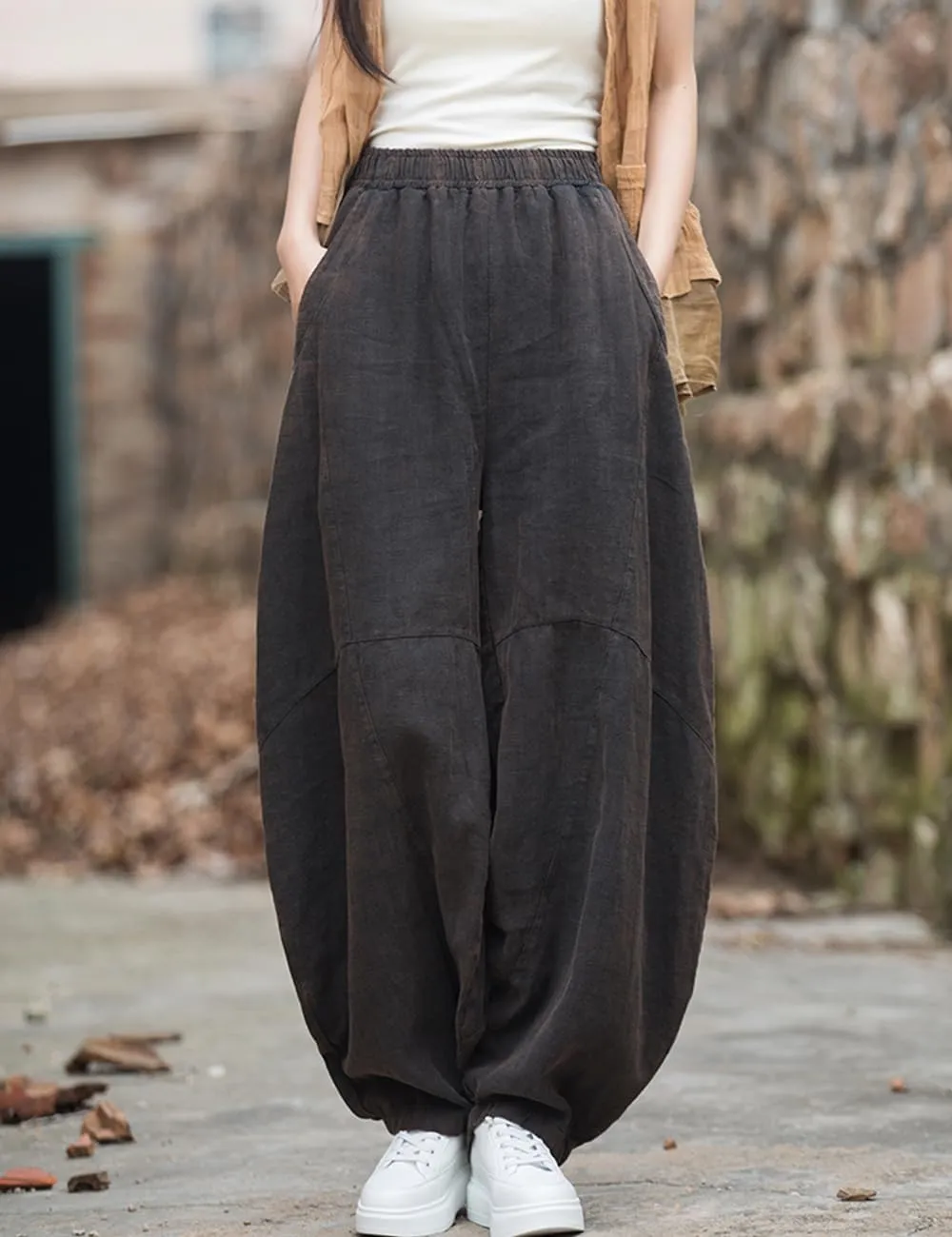 LUZU JUNU Women's Vintage Cotton Linen Baggy Pants Elastic Waist Wide Leg Lantern Casual Trousers Loose Fit