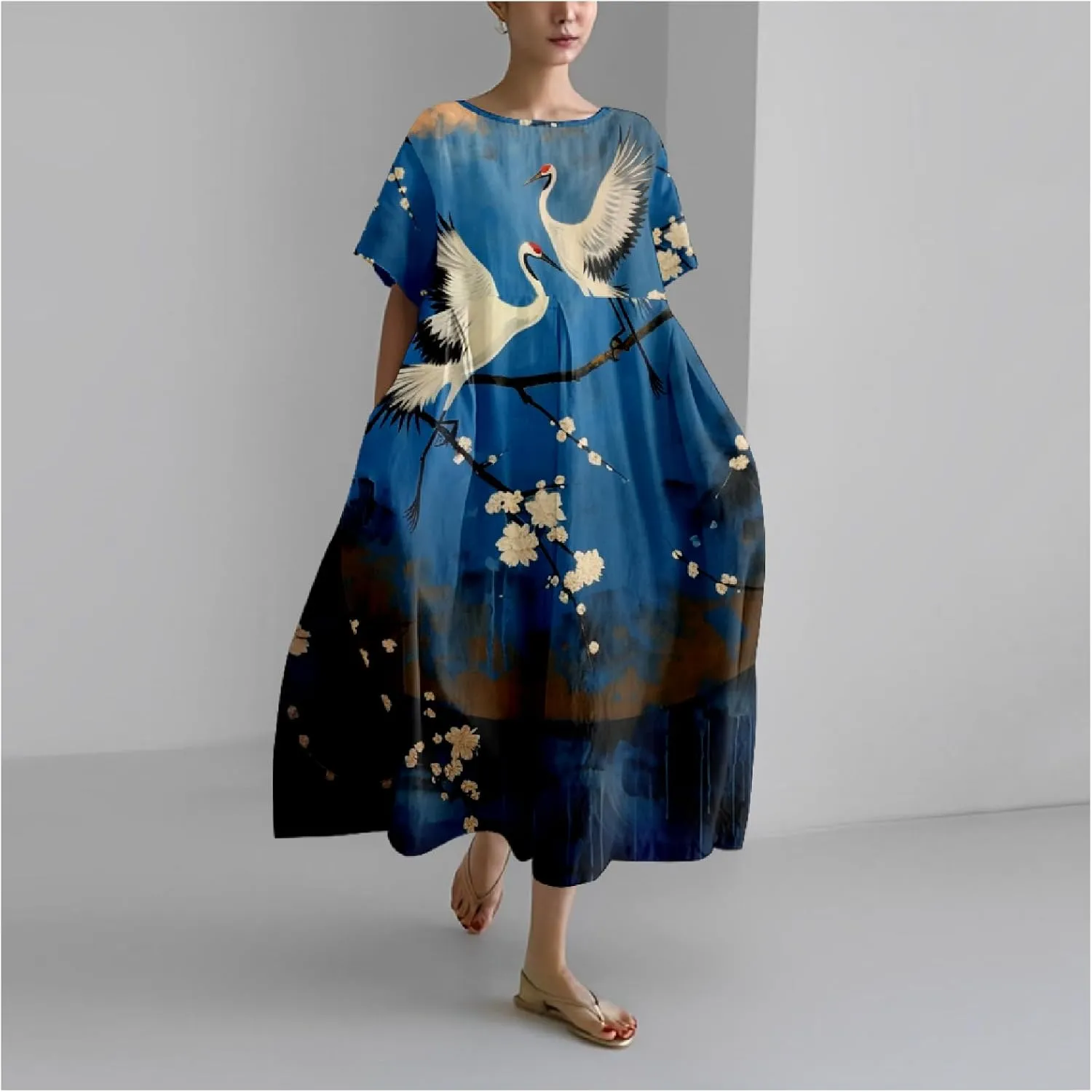 MARSVOVO Boho Dress for Women 2024 Plus Size Retro Moon Pattern Oversized Trendy Pleated High Waist Flowy Japanese Dress