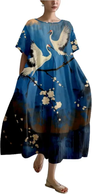 MARSVOVO Boho Dress for Women 2024 Plus Size Retro Moon Pattern Oversized Trendy Pleated High Waist Flowy Japanese Dress
