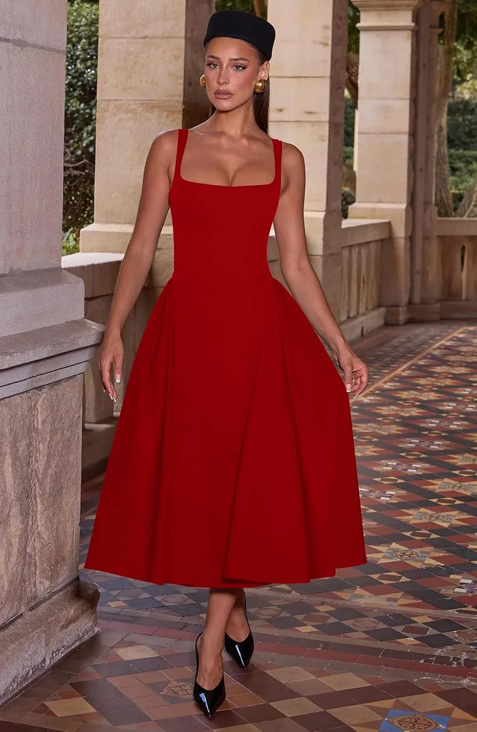 Memoriesea Women's Elegant Square Neck Swing A Line Wedding Evening Party Midi Dress