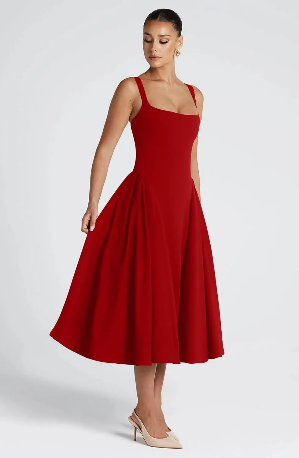 Memoriesea Women's Elegant Square Neck Swing A Line Wedding Evening Party Midi Dress