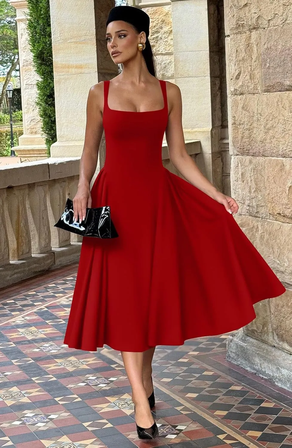 Memoriesea Women's Elegant Square Neck Swing A Line Wedding Evening Party Midi Dress