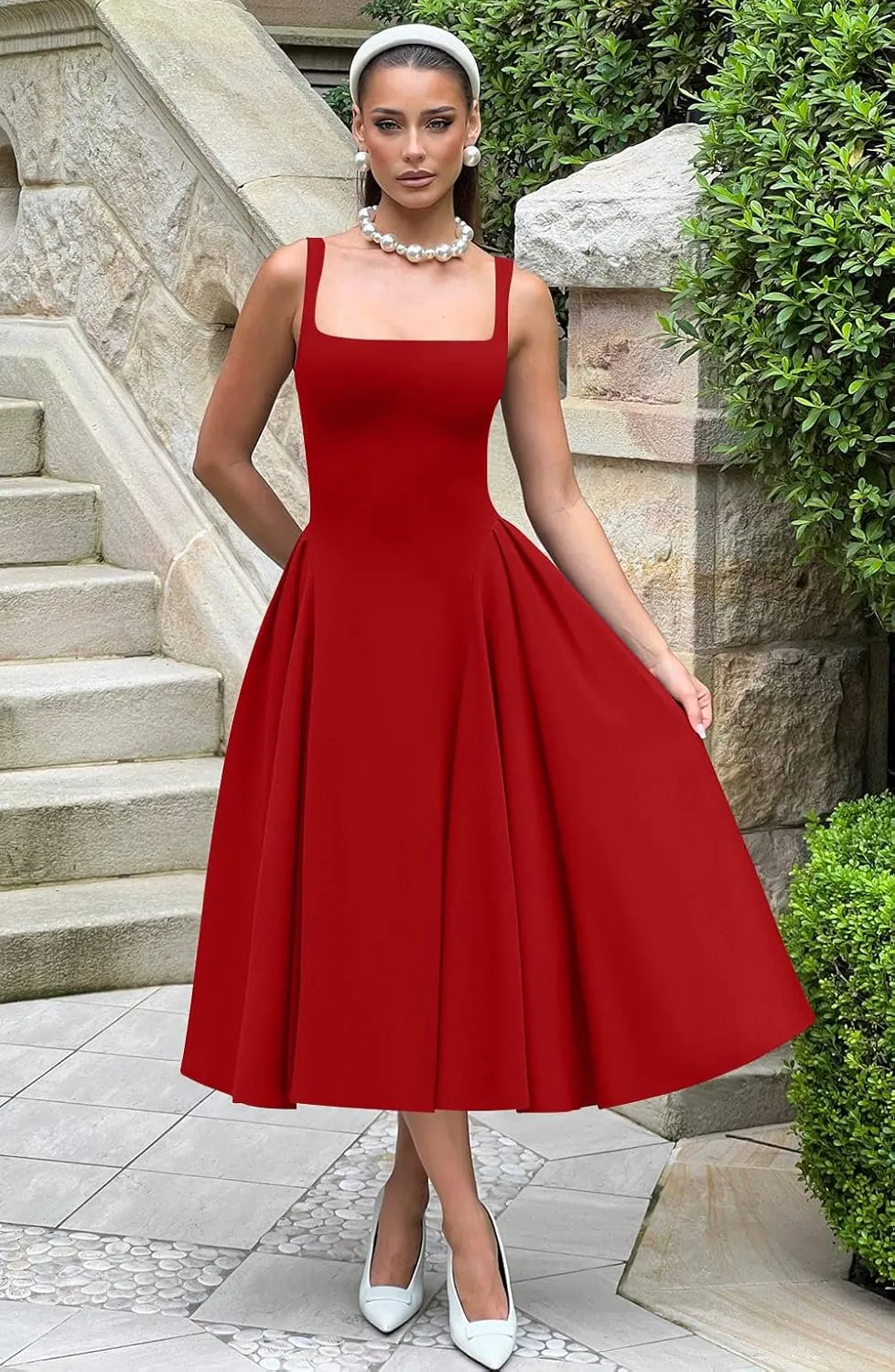 Memoriesea Women's Elegant Square Neck Swing A Line Wedding Evening Party Midi Dress