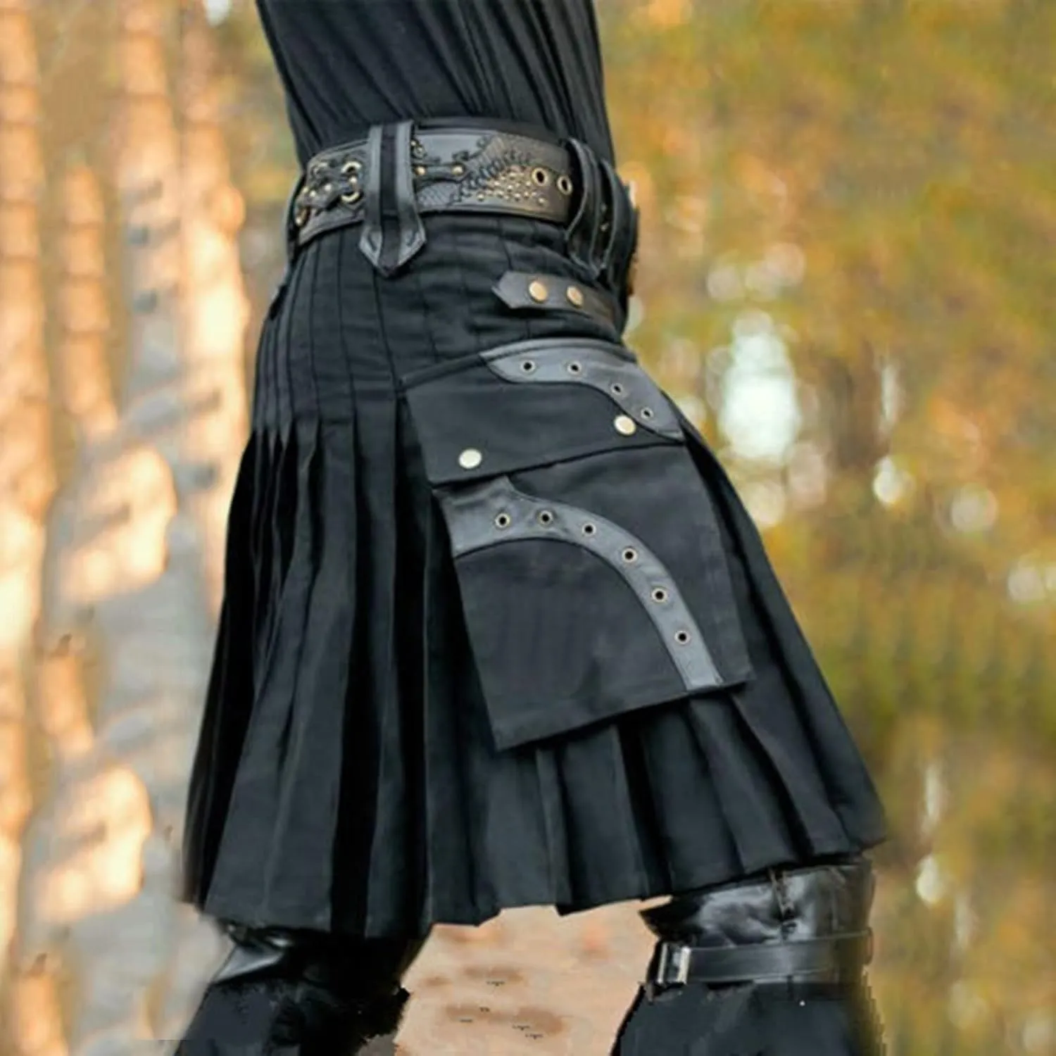 Men Tartan Scottish Style Kilts Medieval Kendo Costume Sport Utility Kilt Plaid Contrast Waistband Pleated Skirt
