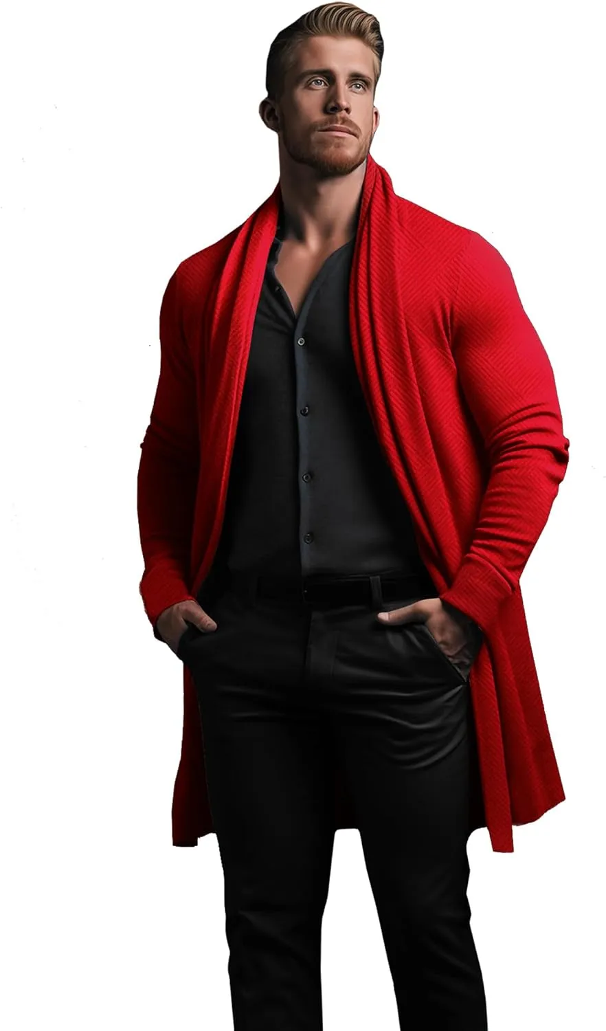 Mens Cardigan Texture Fashion Long Sleeve Shawl Casual Open Front Drape Cape Overcoat