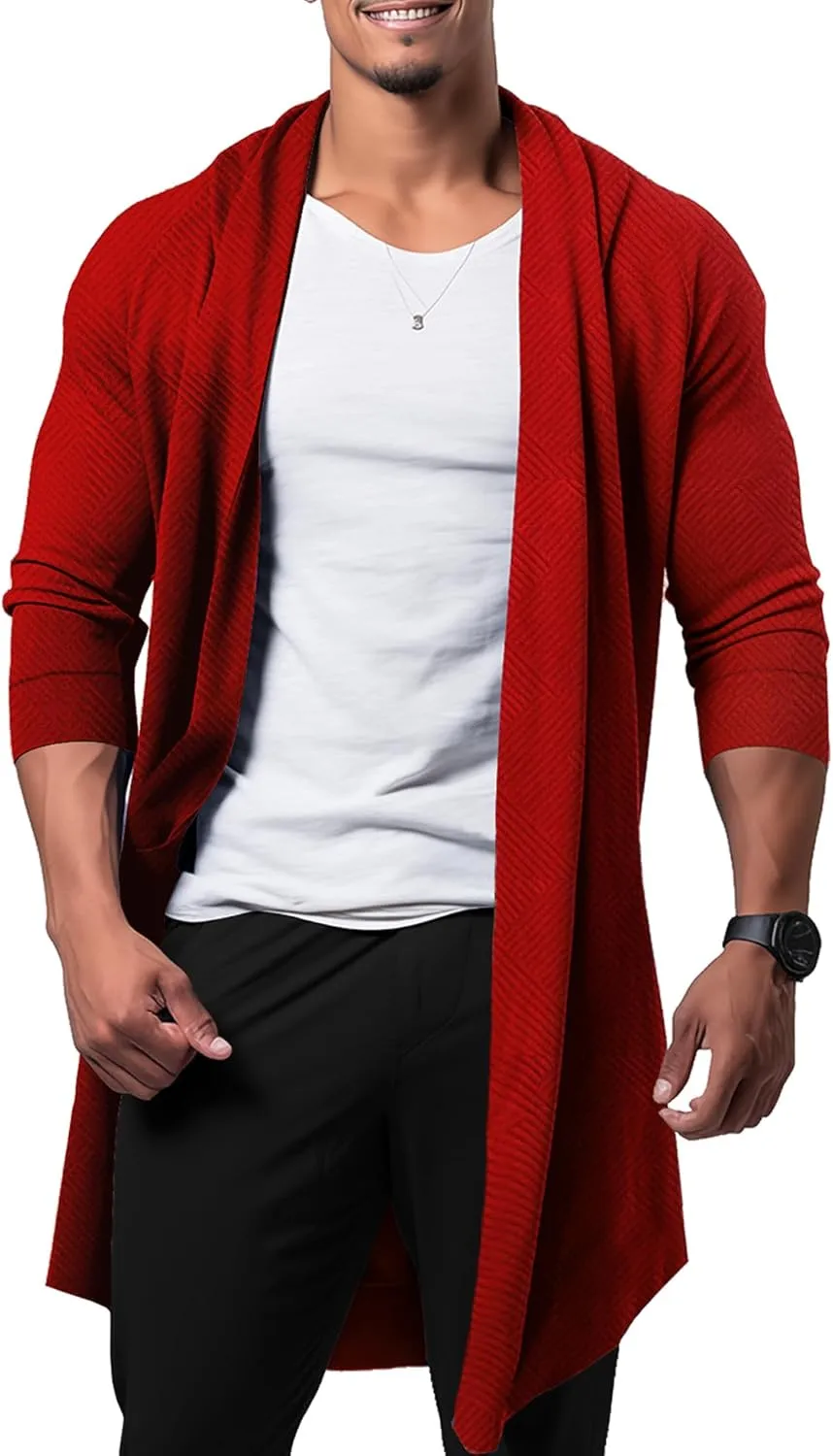 Mens Cardigan Texture Fashion Long Sleeve Shawl Casual Open Front Drape Cape Overcoat