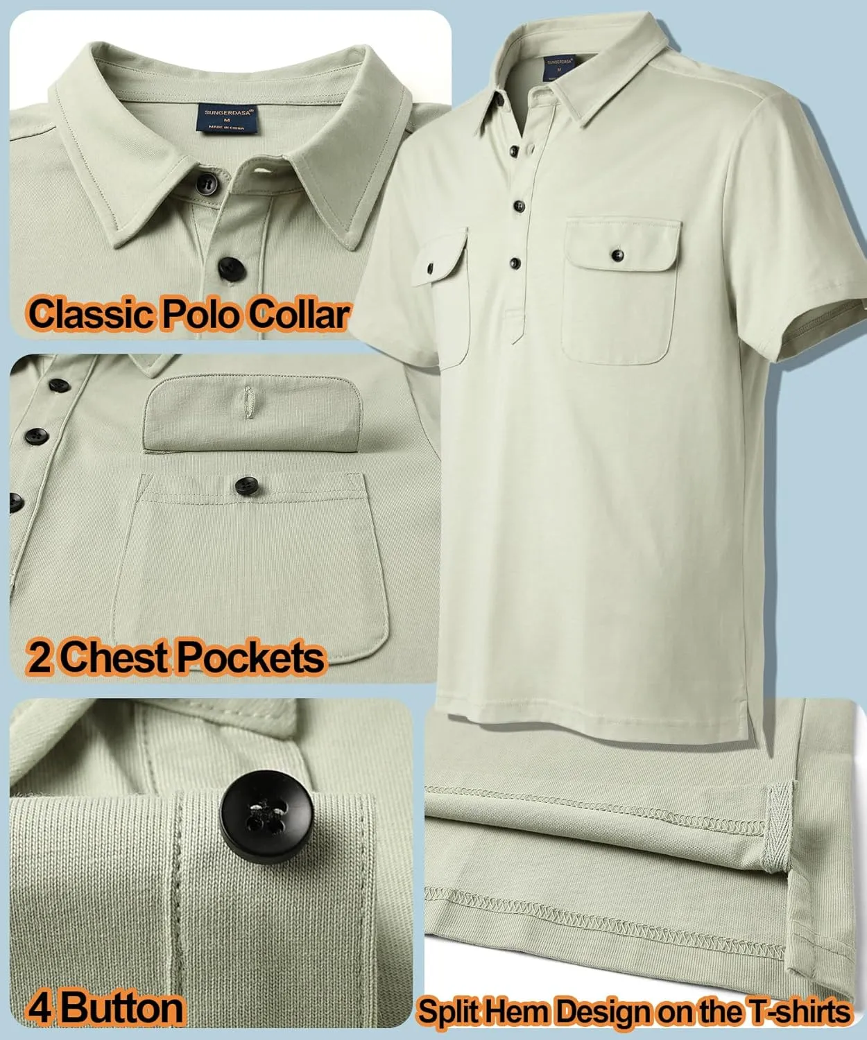 Mens Short Sleeve Polo Shirt Cotton Golf T-Shirt Work Shirts with 2 Pockets