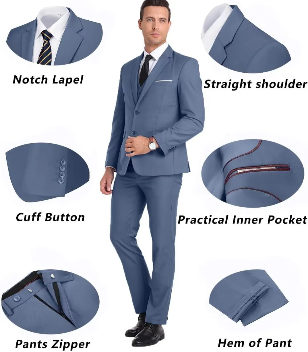 Mens Suit 3 Piece Set Slim Fit Wedding Groomsmen Suit for Men Two Buttons Suits Set Solid Jacket Vest Pants with Tie