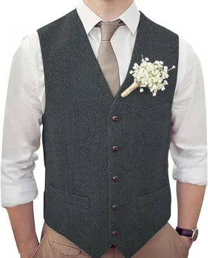 Men's V-Neck Suit Vests Slim Fit Casual Business Formal Herringbone Tweed Wool Waistcoat Wedding Groomsmen Suit Vest