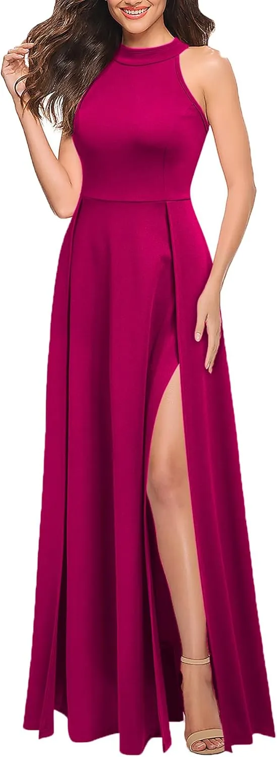 MUSHARE Women's Halter Neck Sexy Split Cocktail Party Maxi Long Formal Dress