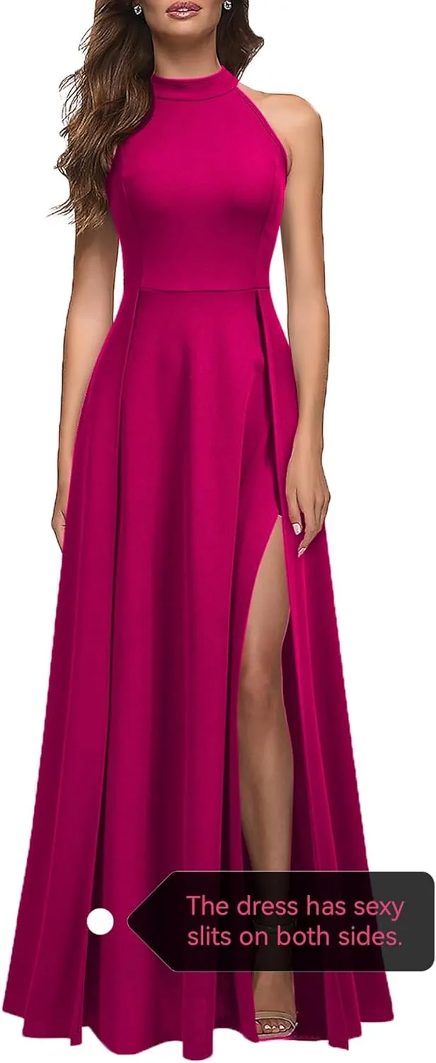 MUSHARE Women's Halter Neck Sexy Split Cocktail Party Maxi Long Formal Dress