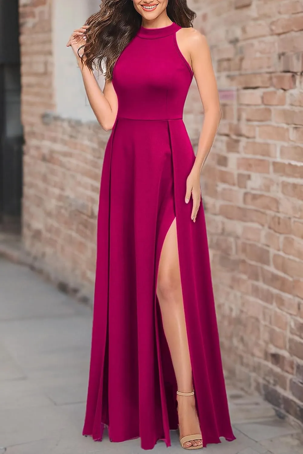 MUSHARE Women's Halter Neck Sexy Split Cocktail Party Maxi Long Formal Dress