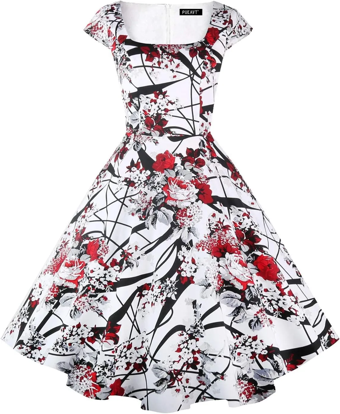 PUKAVT Women's Cocktail Party Dress Cap Sleeve 1950 Retro Swing Dress with Pockets