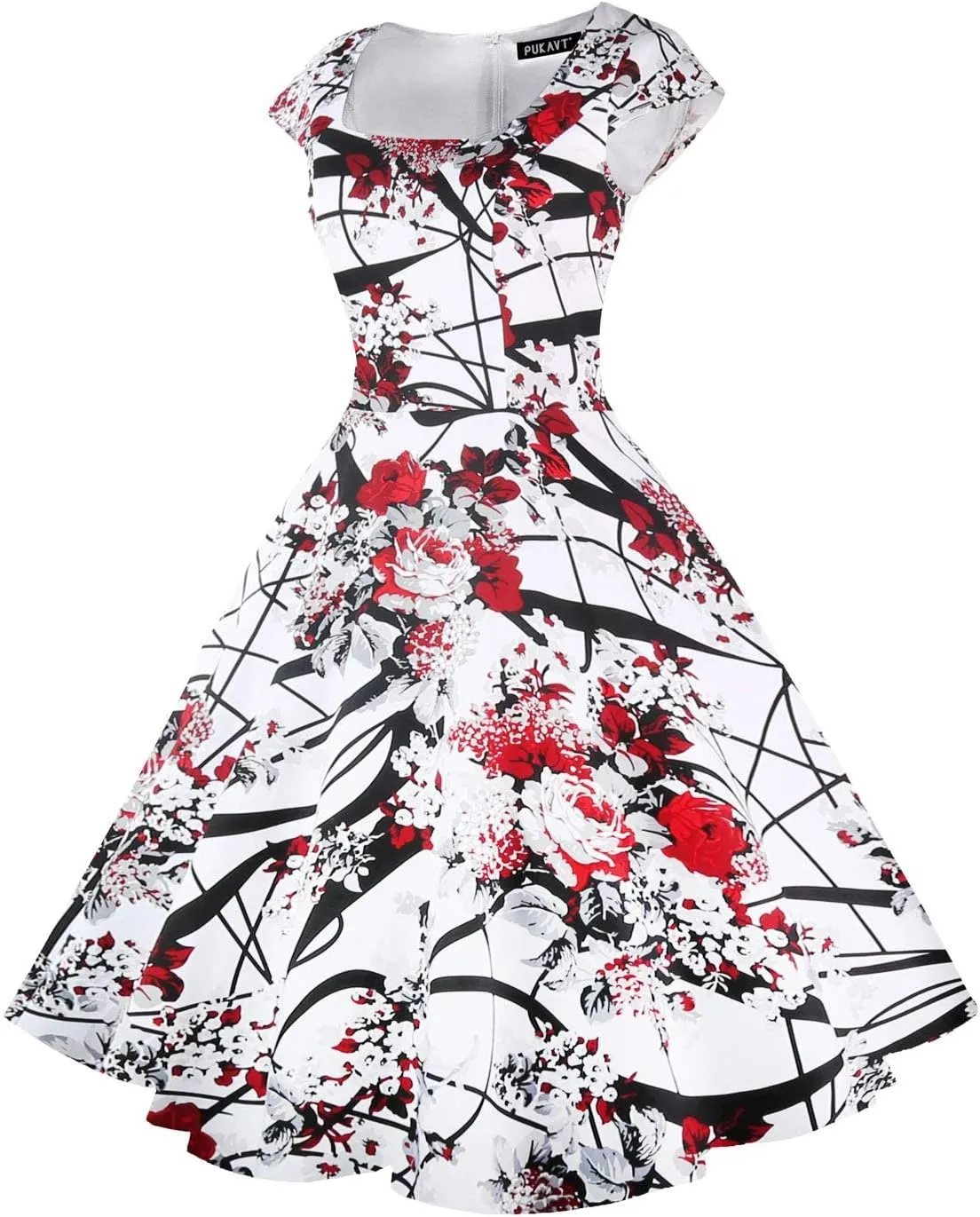 PUKAVT Women's Cocktail Party Dress Cap Sleeve 1950 Retro Swing Dress with Pockets