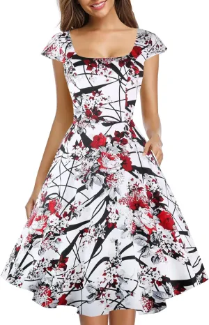 PUKAVT Women's Cocktail Party Dress Cap Sleeve 1950 Retro Swing Dress with Pockets