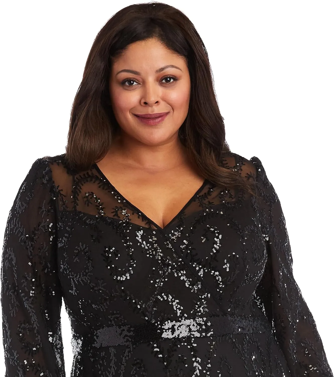 R&M Richards Womens Plus Sequined Surplice Evening Dress