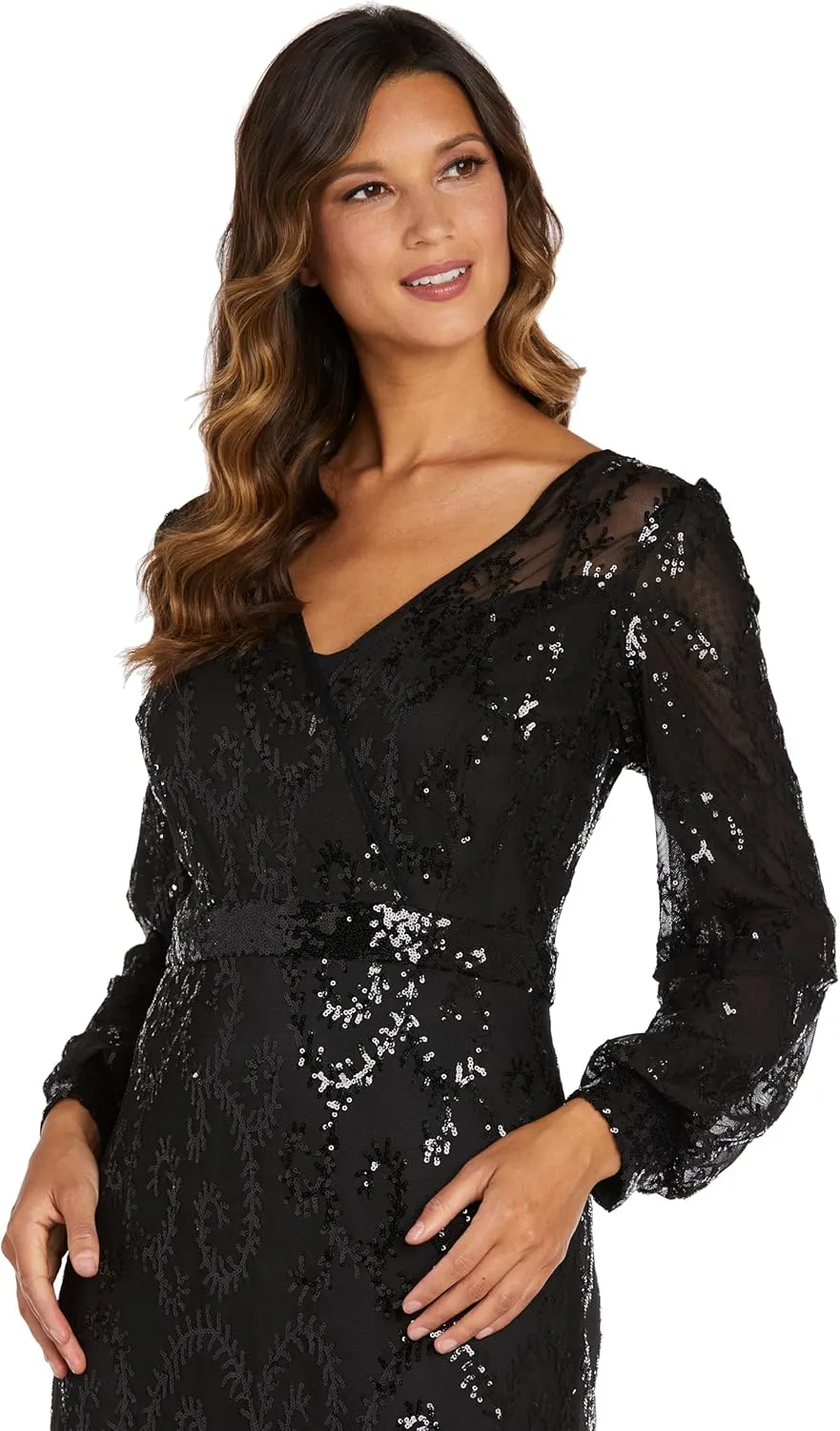 R&M Richards Womens Plus Sequined Surplice Evening Dress