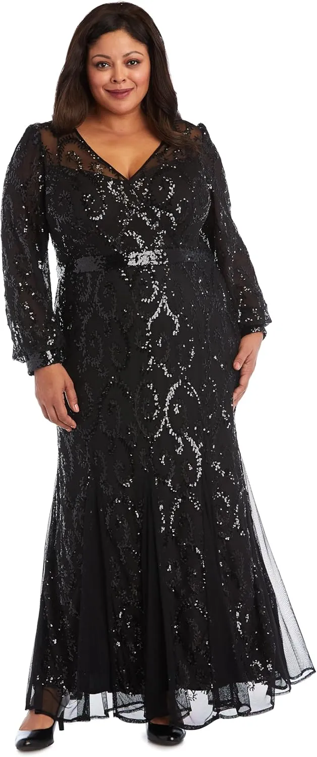 R&M Richards Womens Plus Sequined Surplice Evening Dress