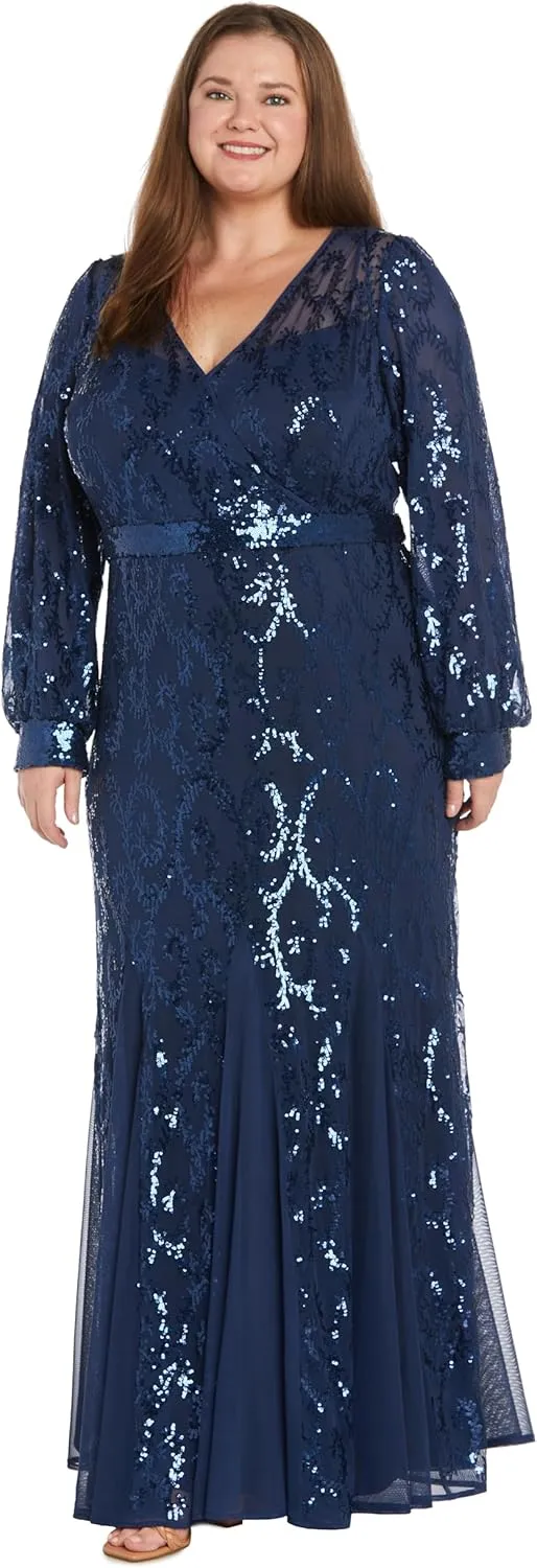 R&M Richards Womens Plus Sequined Surplice Evening Dress