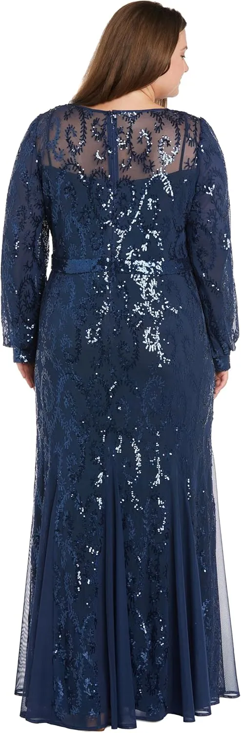 R&M Richards Womens Plus Sequined Surplice Evening Dress