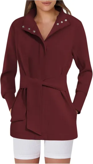 Sinzelimin Womens Mid-Length Trench Coat with Belt Fashion Button up Stand Collar Long Sleeves Windbreaker Outwear & Jackets