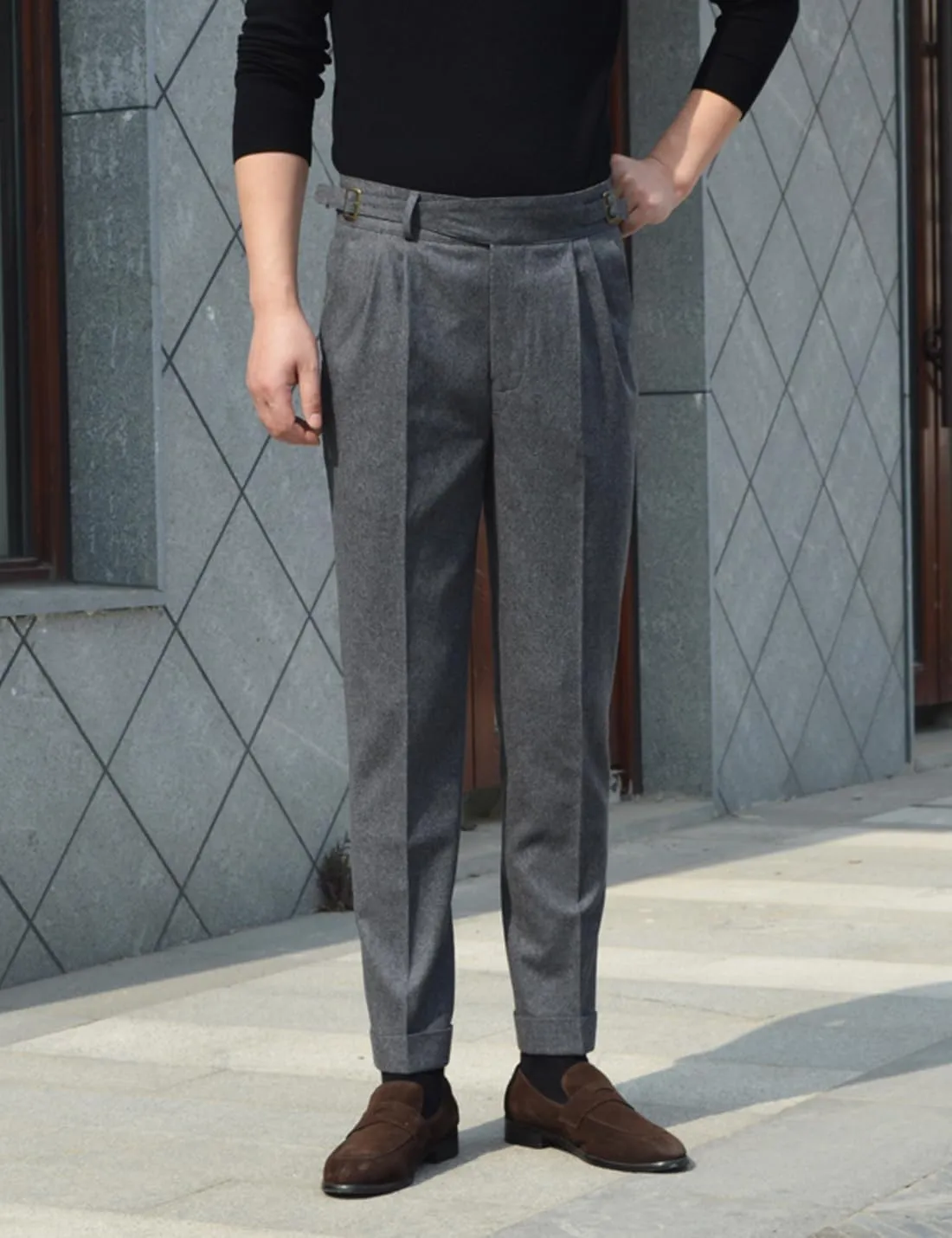 Snoly Men's Winter Retro Woolen Gurkha Pant Straight Flat Front Chino High Waist Tapered Leg Rolled Pants,Two Styles