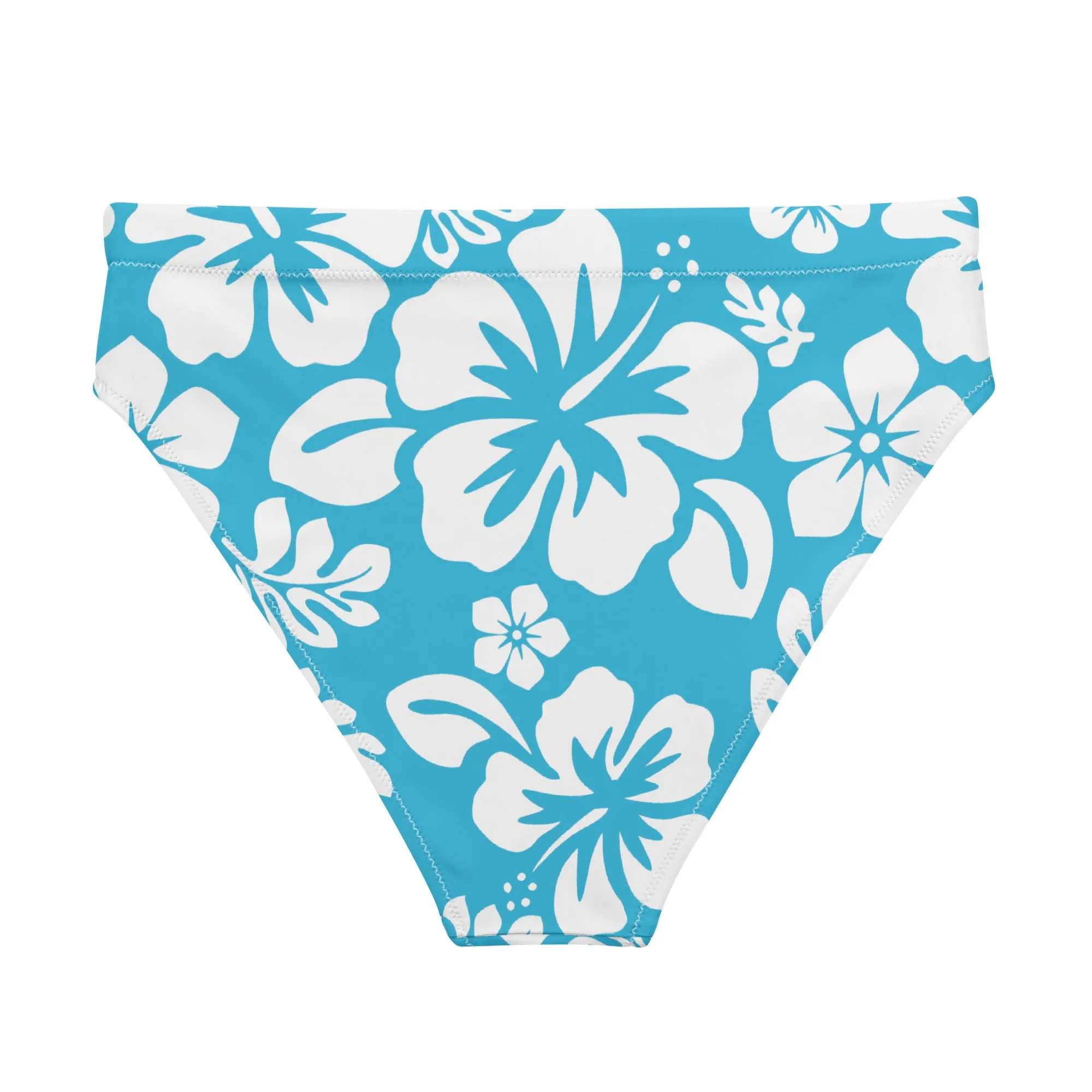 White Hawaiian Hibiscus Flowers On Ocean Aqua Blue High Waisted Bikini Bottom