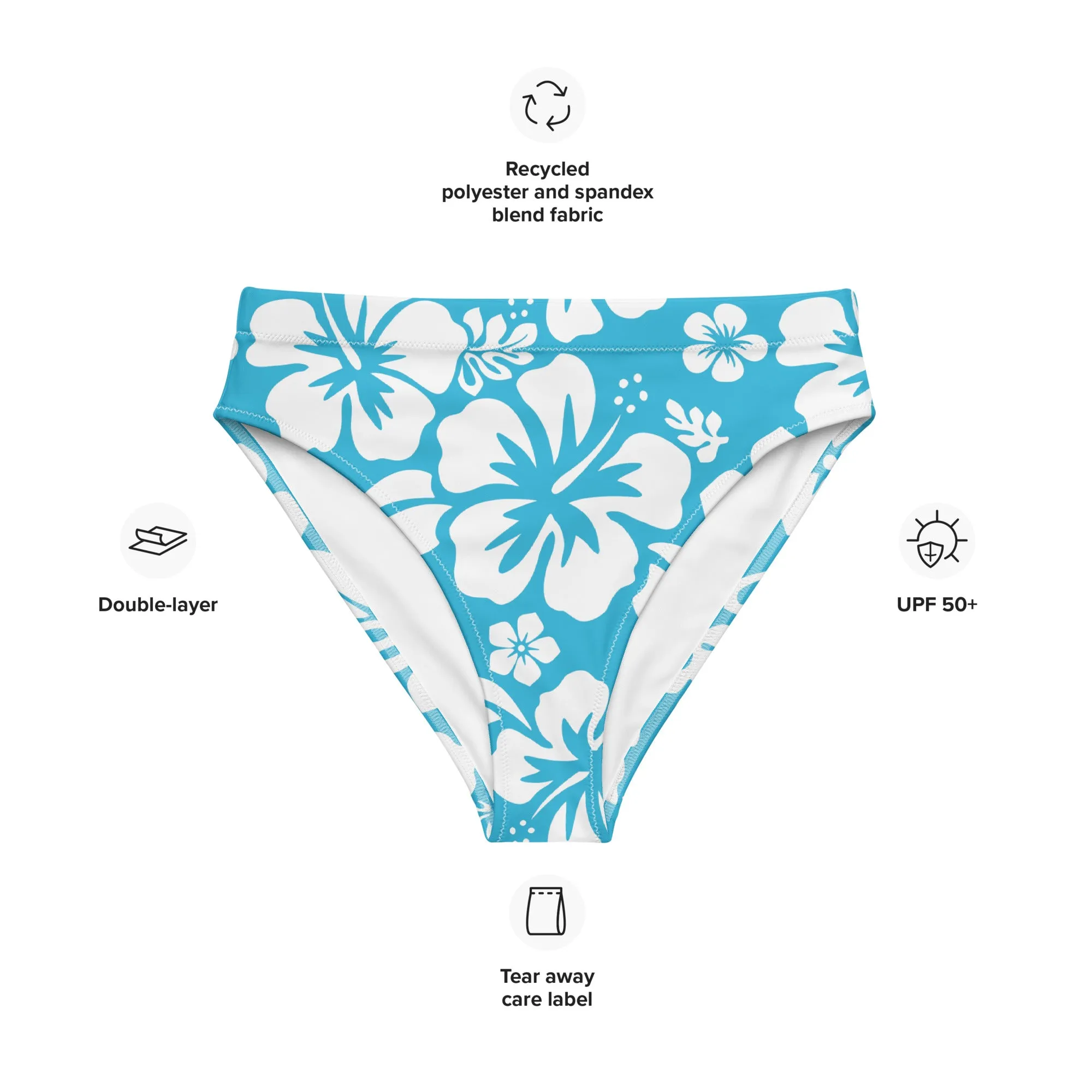 White Hawaiian Hibiscus Flowers On Ocean Aqua Blue High Waisted Bikini Bottom