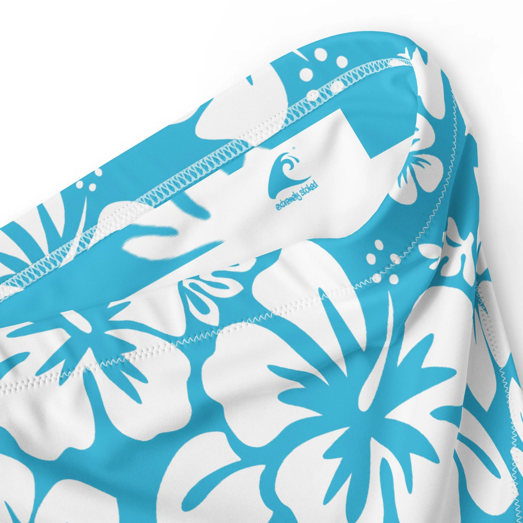 White Hawaiian Hibiscus Flowers On Ocean Aqua Blue High Waisted Bikini Bottom
