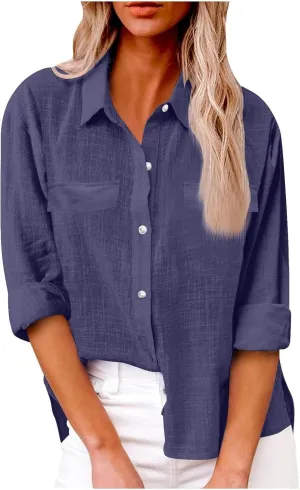 Womens Cotton Linen Button Down Shirt Spring Casual Long Sleeve Solid Color Shirts Loose Work Tops with Pockets