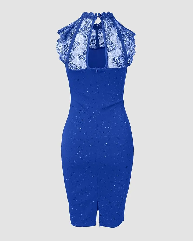 Womens Glitter Contrast Lace Bodycon Dress Sleeveless Slit Cocktail Evening Party Club Mini Dresses