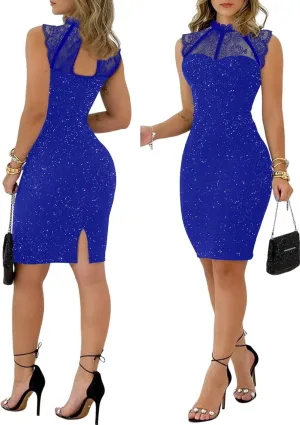 Womens Glitter Contrast Lace Bodycon Dress Sleeveless Slit Cocktail Evening Party Club Mini Dresses