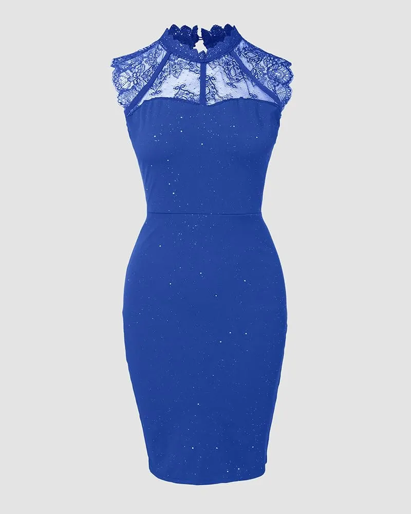 Womens Glitter Contrast Lace Bodycon Dress Sleeveless Slit Cocktail Evening Party Club Mini Dresses