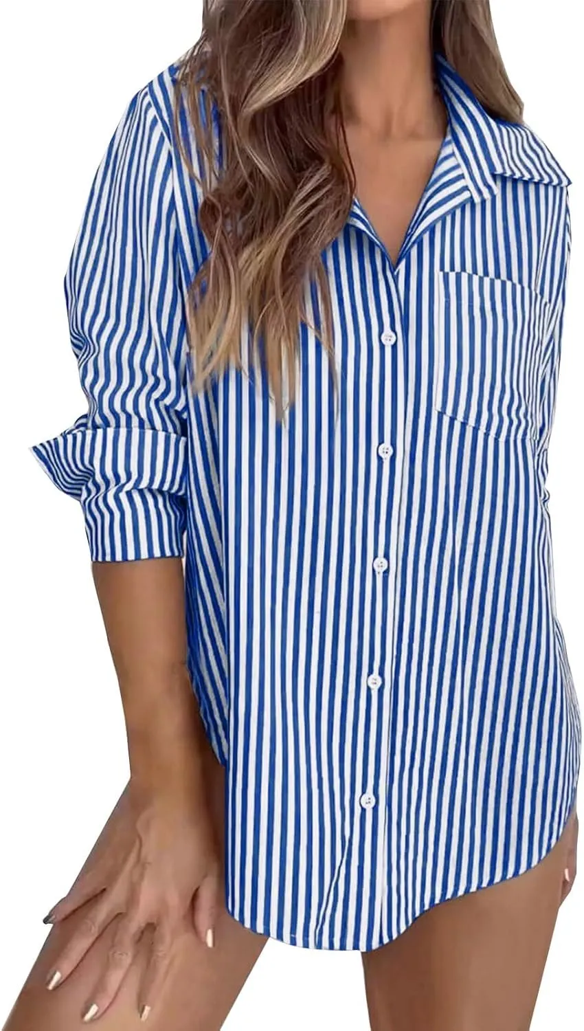 Womens Oversized Striped Button Down Shirts Boyfriend Long Sleeve Collared Work Business Blouses with Pocket