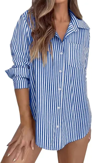 Womens Oversized Striped Button Down Shirts Boyfriend Long Sleeve Collared Work Business Blouses with Pocket