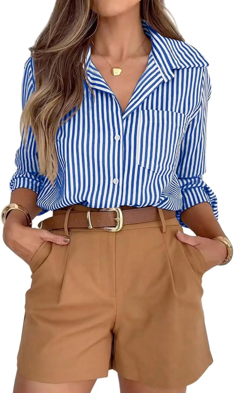 Womens Oversized Striped Button Down Shirts Boyfriend Long Sleeve Collared Work Business Blouses with Pocket
