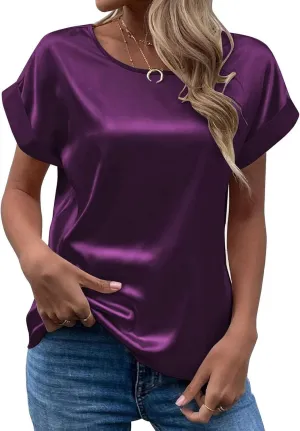Womens Satin Top Elegant Round Neck Rolled Short Sleeve Thin Silk Shirt Solid Loose Crew Neck Office T-Shirt Blouse