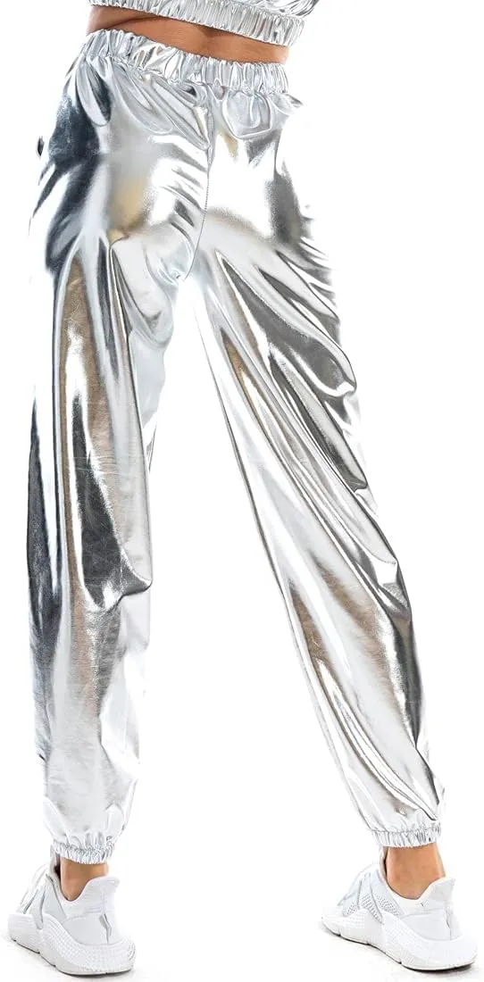Womens Shiny Metallic Pants, Holographic Disco Sweatpant for 70s 80s Alien Space Cowgirl Halloween Costume