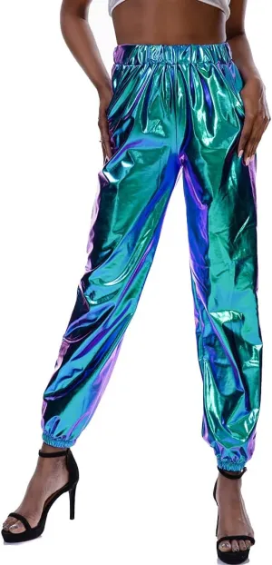 Womens Shiny Metallic Pants, Holographic Disco Sweatpant for 70s 80s Alien Space Cowgirl Halloween Costume