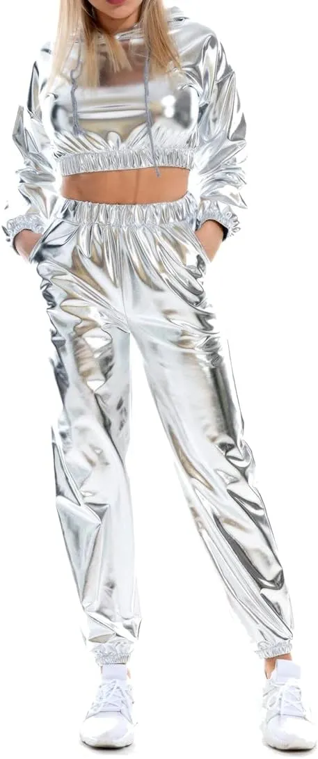 Womens Shiny Metallic Pants, Holographic Disco Sweatpant for 70s 80s Alien Space Cowgirl Halloween Costume