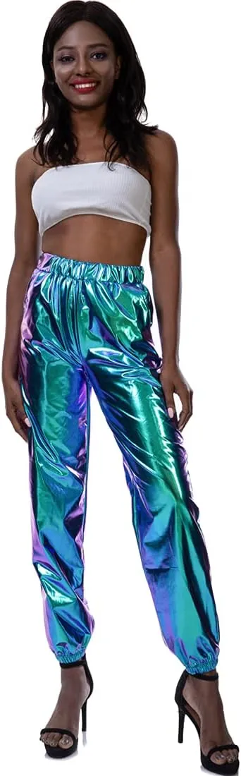 Womens Shiny Metallic Pants, Holographic Disco Sweatpant for 70s 80s Alien Space Cowgirl Halloween Costume