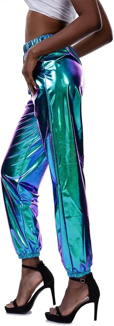 Womens Shiny Metallic Pants, Holographic Disco Sweatpant for 70s 80s Alien Space Cowgirl Halloween Costume