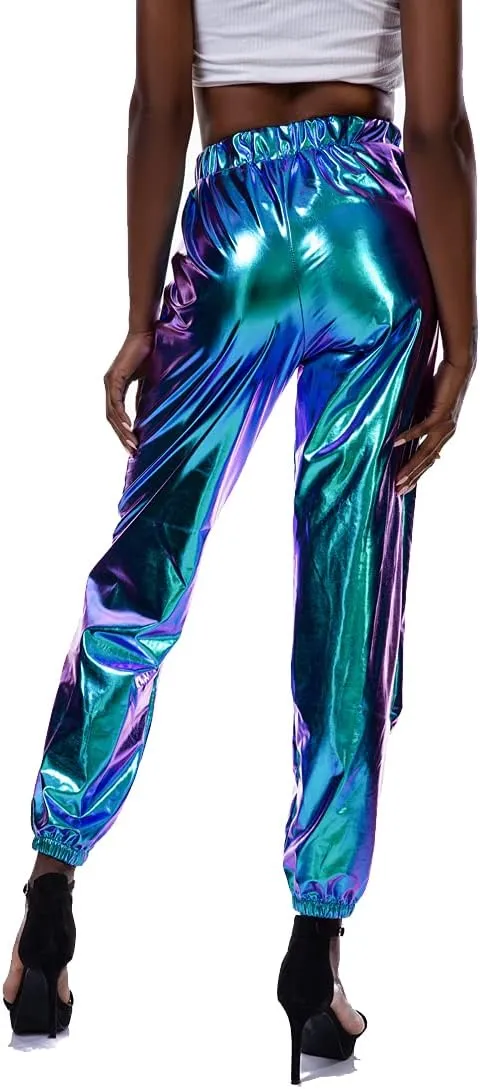 Womens Shiny Metallic Pants, Holographic Disco Sweatpant for 70s 80s Alien Space Cowgirl Halloween Costume