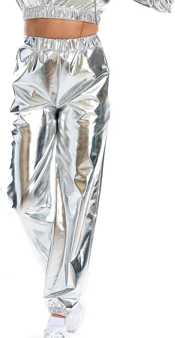 Womens Shiny Metallic Pants, Holographic Disco Sweatpant for 70s 80s Alien Space Cowgirl Halloween Costume