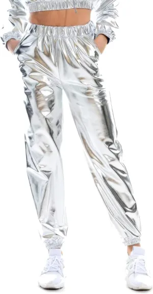 Womens Shiny Metallic Pants, Holographic Disco Sweatpant for 70s 80s Alien Space Cowgirl Halloween Costume