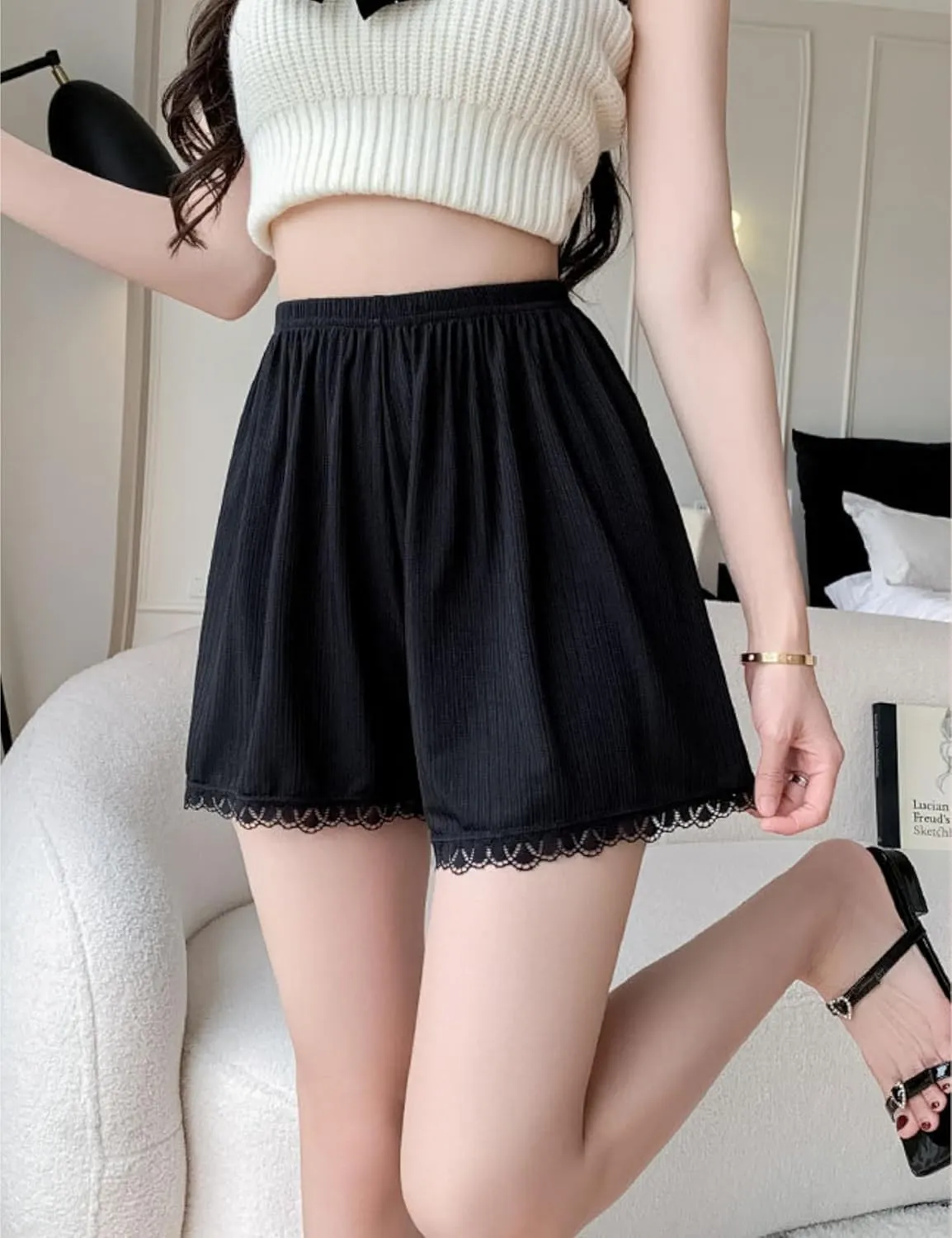 Womens Slip Shorts Lace Trim Pettipants Bloomers Split Skirt Culottes Half Slips Under Dresses Shorts for Women