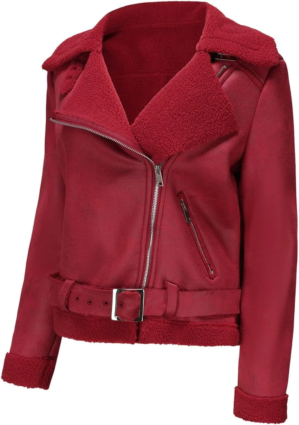 Womens Suede Faux Shearling Moto Bomber Jacket Sherpa Lined Lapel Coat Winter Faux Leather Coat Outerwear Overcoat