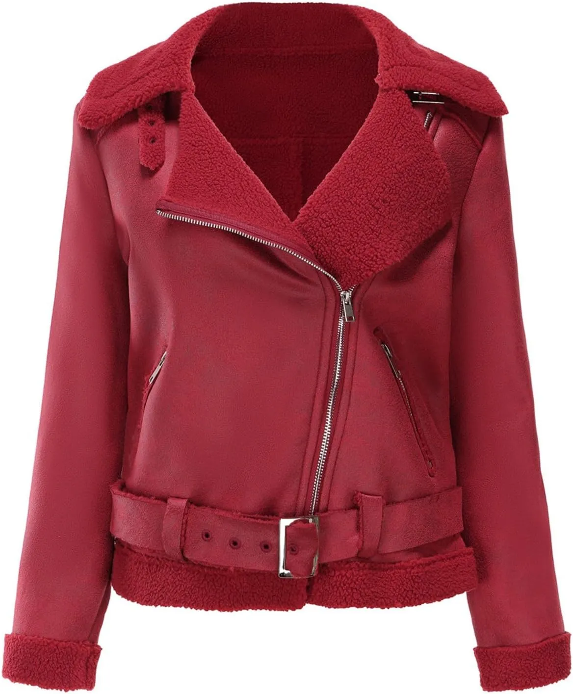 Womens Suede Faux Shearling Moto Bomber Jacket Sherpa Lined Lapel Coat Winter Faux Leather Coat Outerwear Overcoat